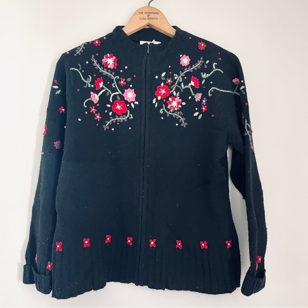 Vintage VTG Talbots Lambswool Blend Cardigan Floral Appliqué